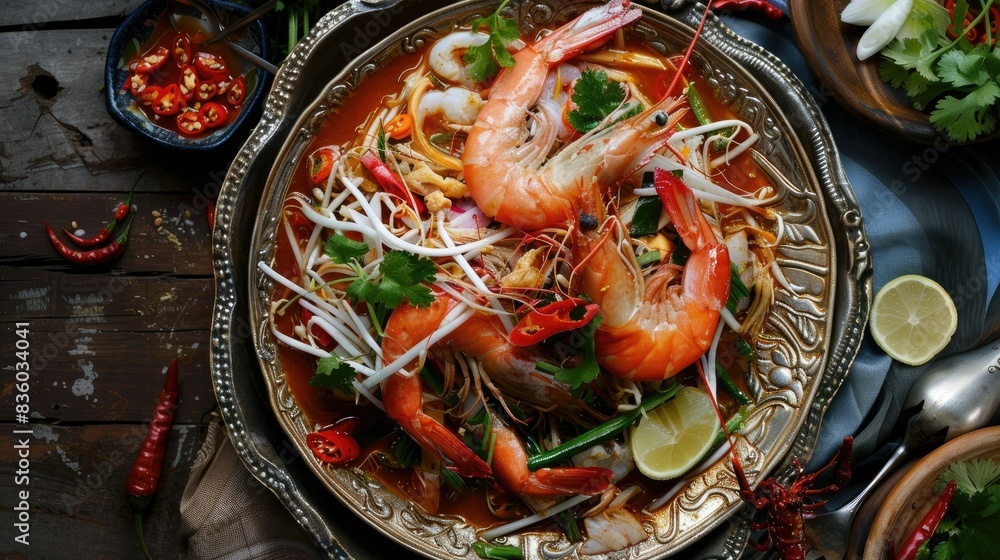 A tantalizing som tam talay ruam dish with an array of seafood, topped with a spicy dressing. A tantalizing som tam talay ruam dish with an array of seafood, topped with a spicy dressing.