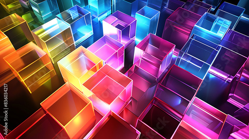 Abstract Geometric Transparent Bright Blocks arranged against a dark background