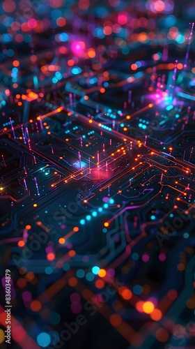 Vibrant Digital Connectivity Matrix with Glowing Circuits and Bokeh Lights