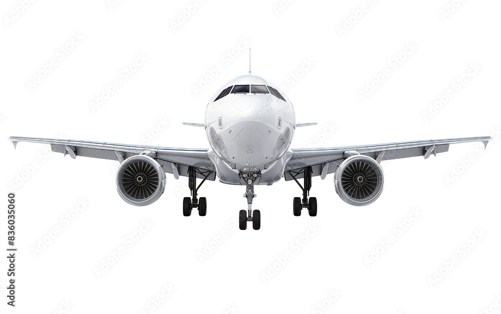 Front view of a passenger airplane in flight, showing its full structure, isolated on a white background. Ideal for travel and aviation themes. Front view of a passenger airplane in flight, showing its full structure, isolated on a white background. Ideal for travel and aviation themes.