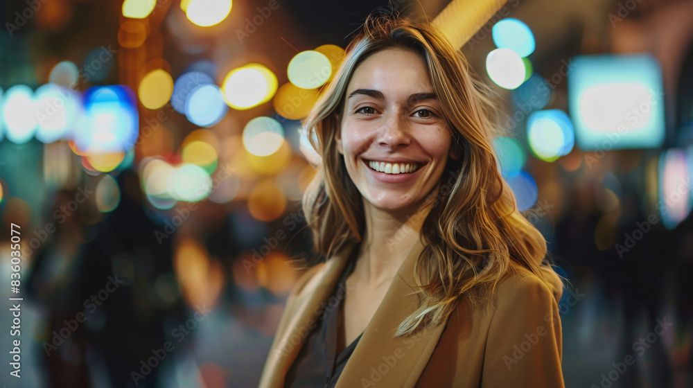 Cheerful young woman beaming on a lively city street in the evening Cheerful young woman beaming on a lively city street in the evening