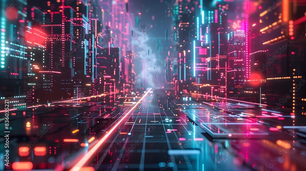 Obraz premium Dazzling City Illuminated by Vibrant Neon Lights and Digital Designs