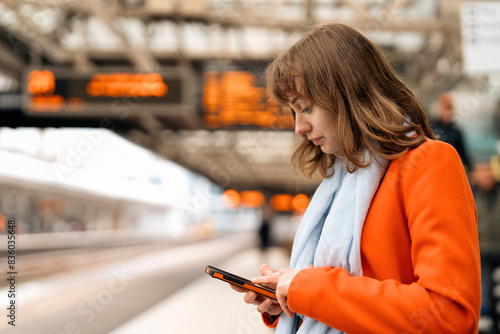 young woman traveler using phone  waiting fortrain at railway station on platform	
