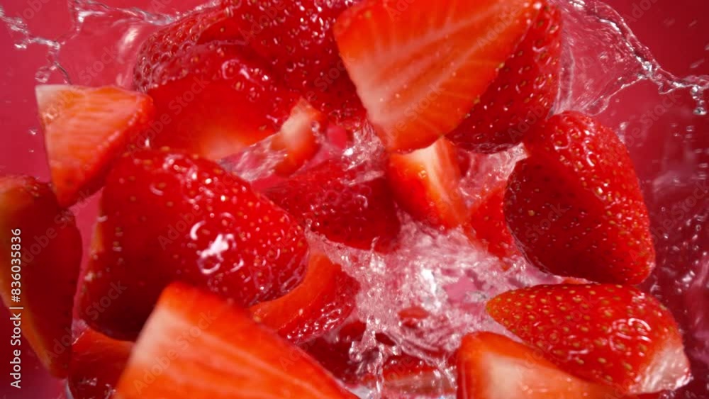 Super Slow Motion Shot of Strawberry Cuts Followed by Camera Splashing into Water at 1000 fps. Super Slow Motion Shot of Strawberry Cuts Followed by Camera Splashing into Water at 1000 fps.
