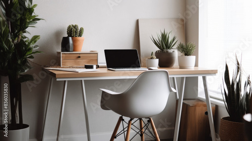 Wallpaper Mural Home office setup with a sleek desk, indoor plants and laptop Torontodigital.ca