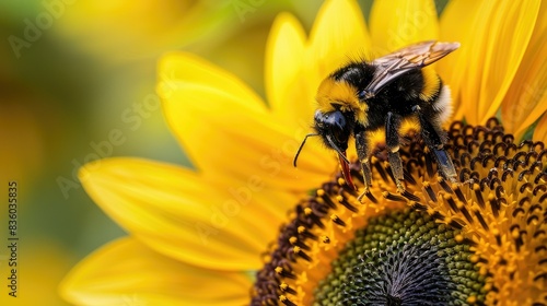 Bumblebee collecting pollen from a bright yellow sunflower.