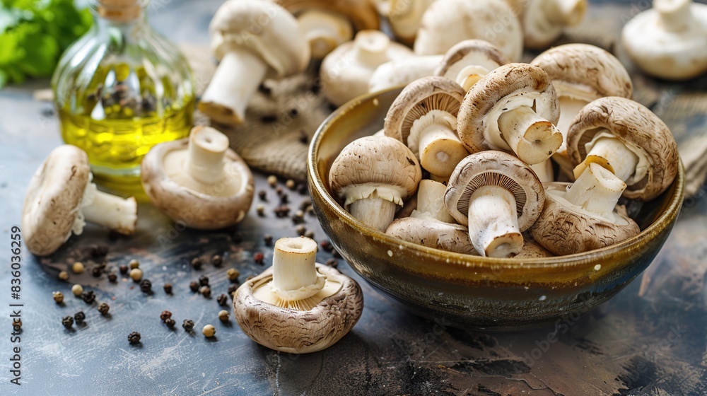 Fresh mushrooms in a bowl, bottled oil and pepper. On rustic background. Generative Ai Fresh mushrooms in a bowl, bottled oil and pepper. On rustic background. Generative Ai
