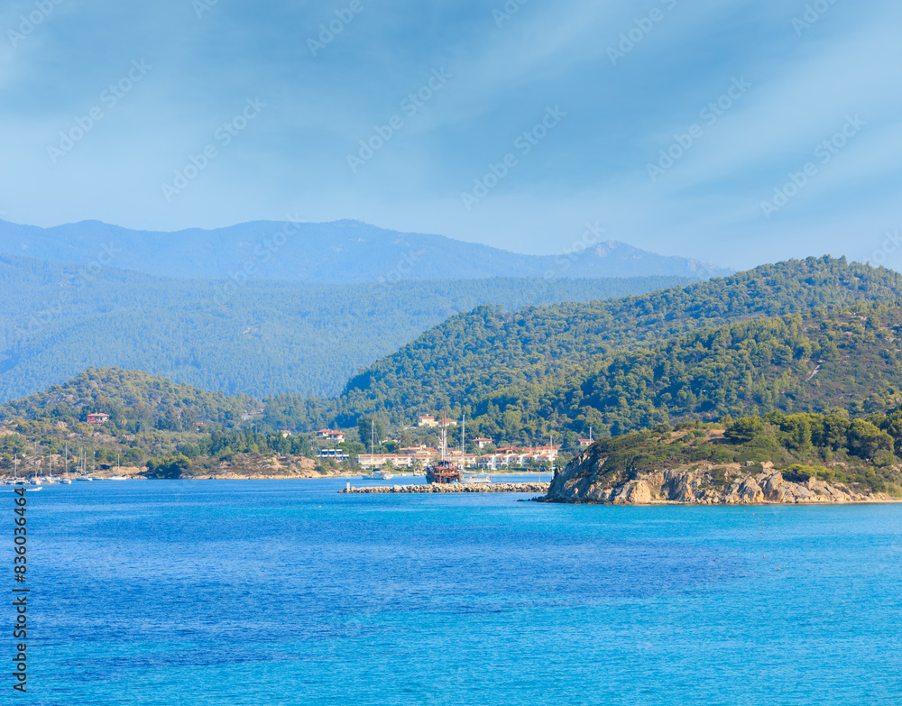 Summer Aegean sea coast landscape (Ormos Panagias, Halkidiki, Greece).