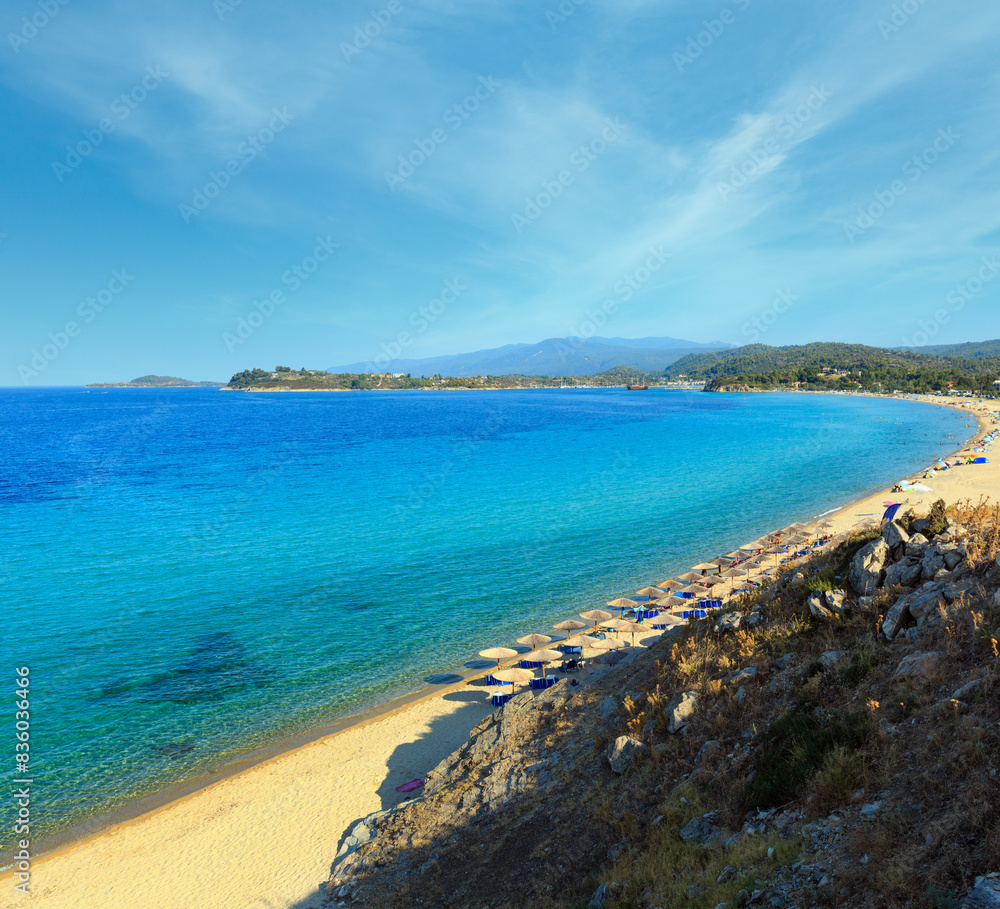 Fototapeta premium Summer sea top view with Trani Ammouda beach (Ormos Panagias, Halkidiki, Greece).