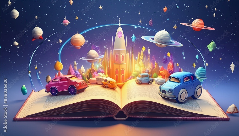 Naklejka premium 子供向け宇宙アート、想像力を刺激するイラスト、教育的な壁装飾、カラフルな宇宙デザイン、物語から飛び出るシーン、創造的な子供部屋の装飾、魔法のような宇宙景観、インタラクティブな学習素材