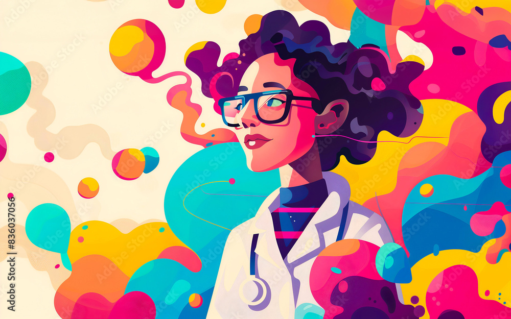 Vibrant illustration of a confident female doctor with curly hair and glasses, surrounded by abstract colorful shapes and bubbles, symbolizing creativity and medical excellence Vibrant illustration of a confident female doctor with curly hair and glasses, surrounded by abstract colorful shapes and bubbles, symbolizing creativity and medical excellence
