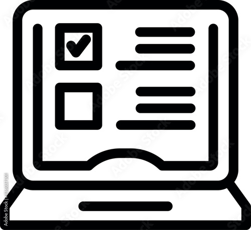Illustration of a minimalistic flat design black and white vector icon of an online health questionnaire on a laptop screen for digital medical assessment and preventive care services