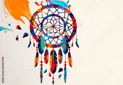A vibrant abstract dreamcatcher illustration with colorful feathers and intricate patterns. The bold blue, red, and orange hues create a striking and modern design