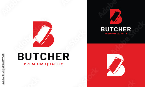 Letter Initial B Butcher with Cleaver Meat Knife Logo Design Template.