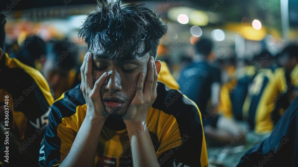 Disappointed football fans react to their team loss in the stadium stands. They looked sad, pensive and crying seeing their team lose in the European football league final. yellow and black team fans Disappointed football fans react to their team loss in the stadium stands. They looked sad, pensive and crying seeing their team lose in the European football league final. yellow and black team fans