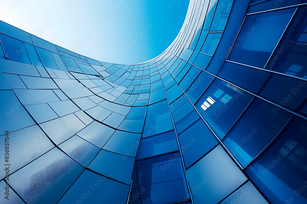 Obraz premium Architectural detail in low-angle shot of a modern, curved glass building