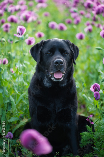 Portrait eines schwarzen Hund welcher in einem Feld mit Mohnblumen sitzt