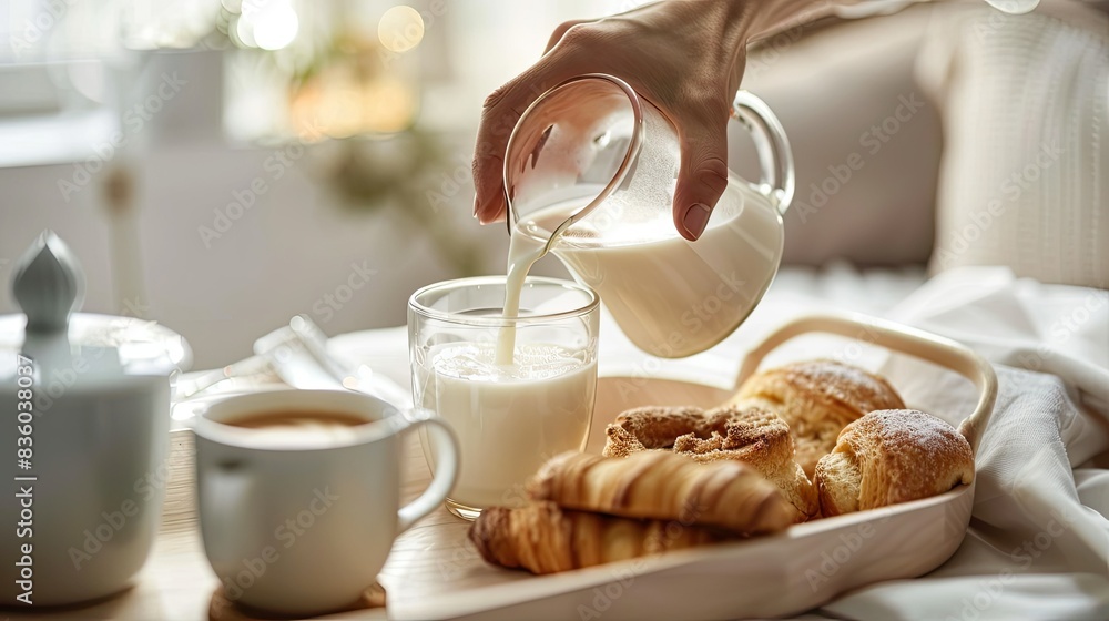 Hand pouring milk into a clear glass on a breakfast tray with pastries and coffee. Hand pouring milk into a clear glass on a breakfast tray with pastries and coffee.
