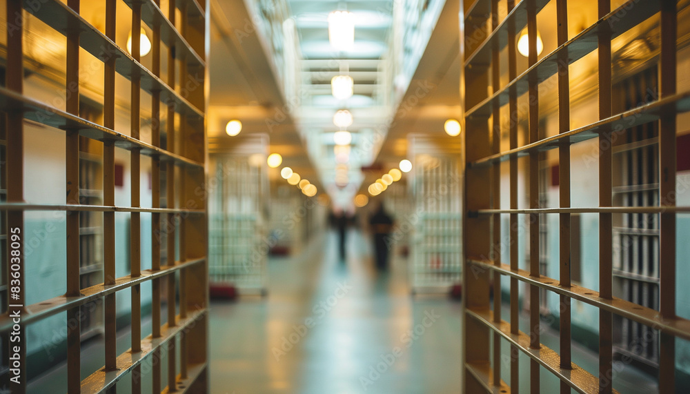a of a prison cellblock corridor with barred doors and overhead lighting, featuring a blurred background of inmates and guards, Prison, Indoors, Interior, Fence, blu a of a prison cellblock corridor with barred doors and overhead lighting, featuring a blurred background of inmates and guards, Prison, Indoors, Interior, Fence, blu