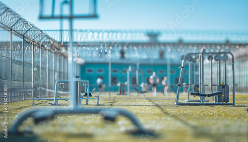 a  of a prison yard with exercise equipment and inmates walking, capturing a blurred background of the prison walls and barbed wire, Prison, Building Exterior, Prison photo