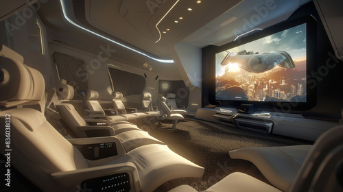 A futuristic home theater with a 3D projector that simulates the user's favorite movies. 