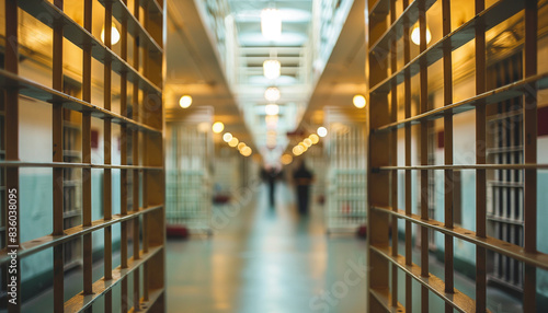 a  of a prison cellblock corridor with barred doors and overhead lighting, featuring a blurred background of inmates and guards, Prison, Indoors, Interior, Fence, blu