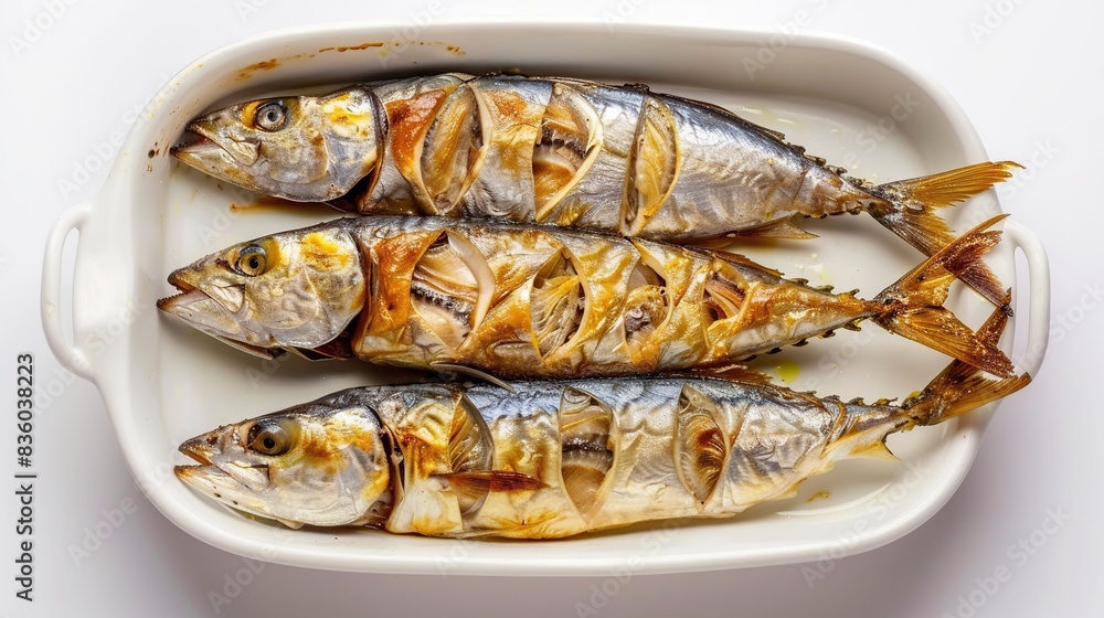 Fried short mackerel fish on white dish. Generative Ai Fried short mackerel fish on white dish. Generative Ai