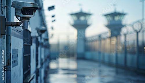 a detailed image of a prison's high-security gate with surveillance cameras, while the blurred background includes guard towers and perimeter fences, Prison, Building Exterior, Pri photo