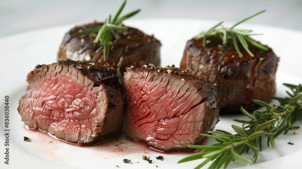 Juicy steak pieces with a crispy outer layer, sliced to show the rare center, garnished with rosemary. Juicy steak pieces with a crispy outer layer, sliced to show the rare center, garnished with rosemary.