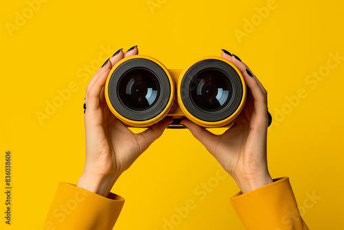 Female hands holding binoculars on a yellow background, representing exploration and curiosity concept. Generative AI
