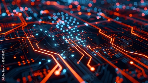 Futuristic Tech Landscape with Glowing Digital Circuit Patterns photo