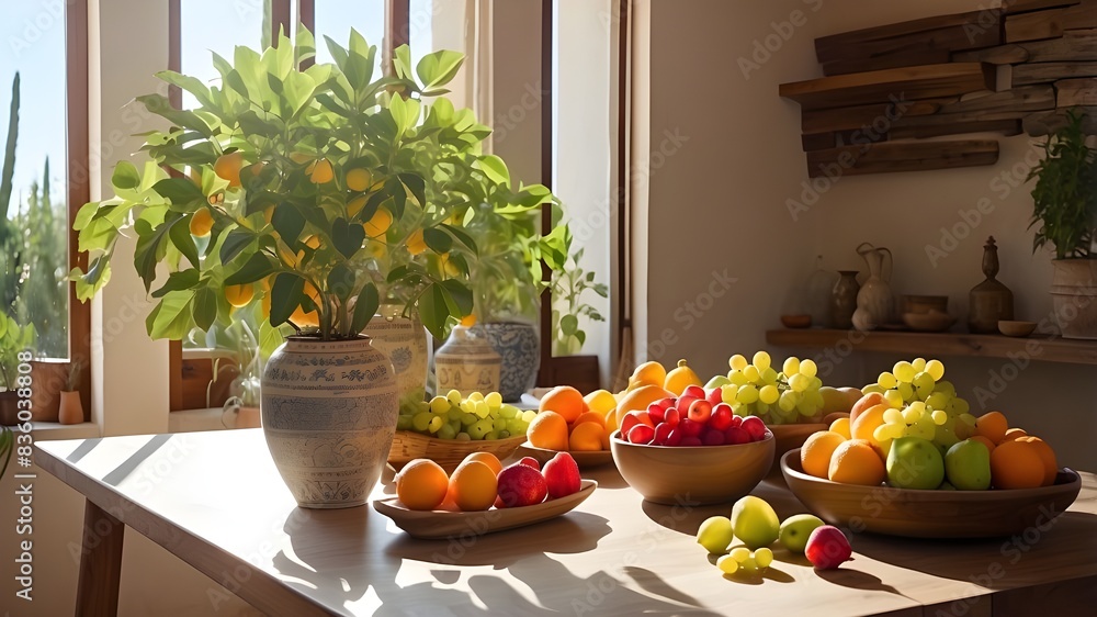 contemporary indoor way of life Mediterranean landscape in the summertime, fruit-bearing plant on a table with shadows and light contemporary indoor way of life Mediterranean landscape in the summertime, fruit-bearing plant on a table with shadows and light