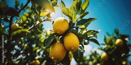 Lemons fruts hanging on a lemon tree branch in garden. Citrus orchard