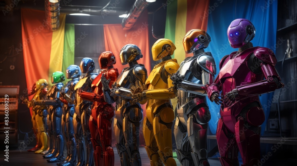 A line of colorful robots stand in a row, showcasing diversity and inclusion. A line of colorful robots stand in a row, showcasing diversity and inclusion.