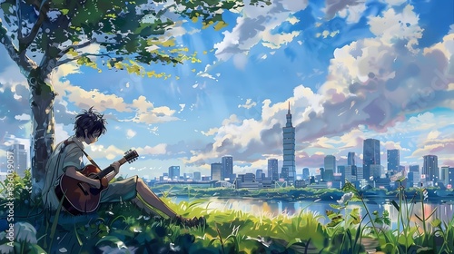 A musician playing guitar amidst the tranquil cityscape with towering skyscrapers and lush greenery in the foreground