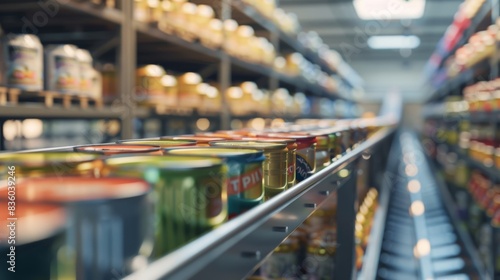 Wallpaper Mural Canned food products on conveyor belt in distribution warehouse, parcels transportation system, equipment, manufacture, factory, industrial, machine, production Torontodigital.ca