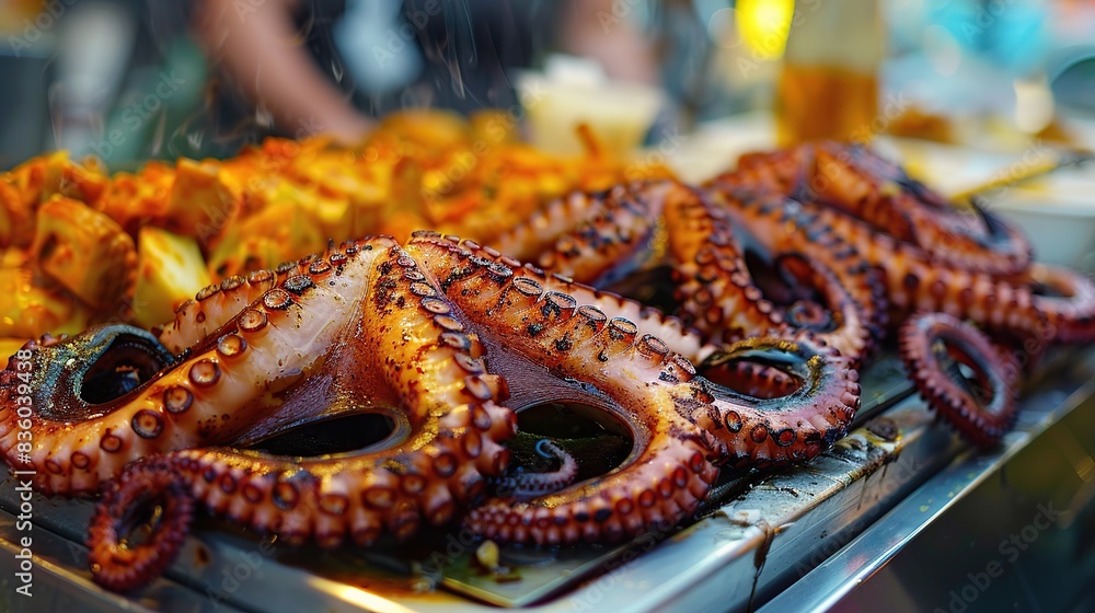 Grilled octopus sold on the street . Generative Ai Grilled octopus sold on the street . Generative Ai