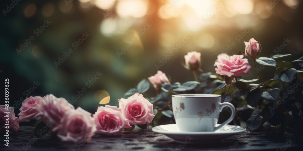 Cup of Coffee or Tea and Pink Roses on a Table in Summer Garden, copy space. Tea and Flowers. Summer Coffee Cup of Coffee or Tea and Pink Roses on a Table in Summer Garden, copy space. Tea and Flowers. Summer Coffee