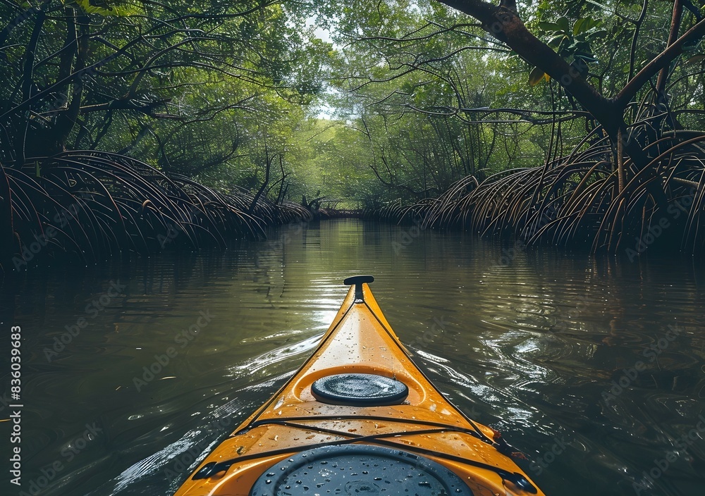 Fototapeta premium Exploring the Lush Mangrove Forest on a Serene Kayak Adventure