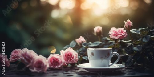 Cup of Coffee or Tea and Pink Roses on a Table in Summer Garden, copy space. Tea and Flowers. Summer Coffee