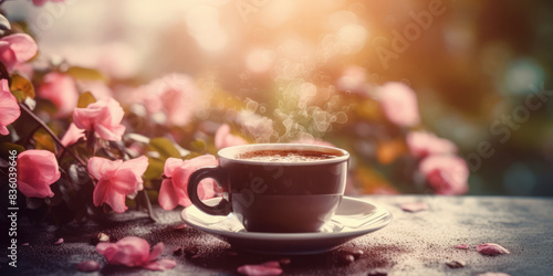 Cup of Coffee and Roses on a Table in Garden Outdoor. Cup of Coffee or Cappuccino and Flowers. Summer Coffee