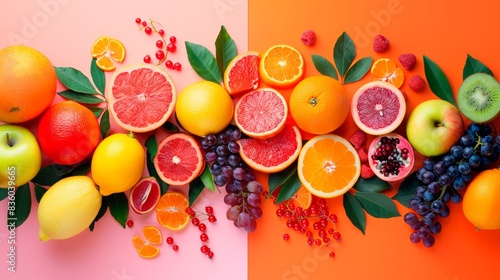 Assorted fruits including oranges  grapefruits  lemons  apples  grapes  and berries on a dual-tone background