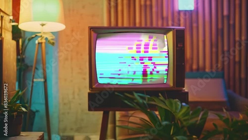 Vintage television set displaying colorful static in retro-styled room. Glitch art tv concept with nostalgic vibe. Visuals relating technology failure. Warm cozy lighting, old-school decor. Past time.