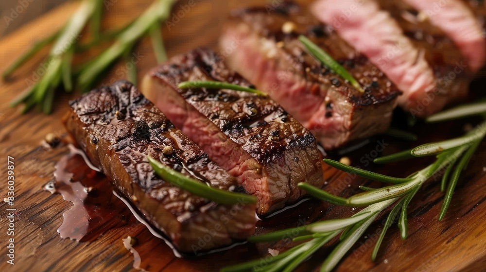 Perfectly seared steak slices showing a juicy, rare interior, with rosemary garnish. Perfectly seared steak slices showing a juicy, rare interior, with rosemary garnish.