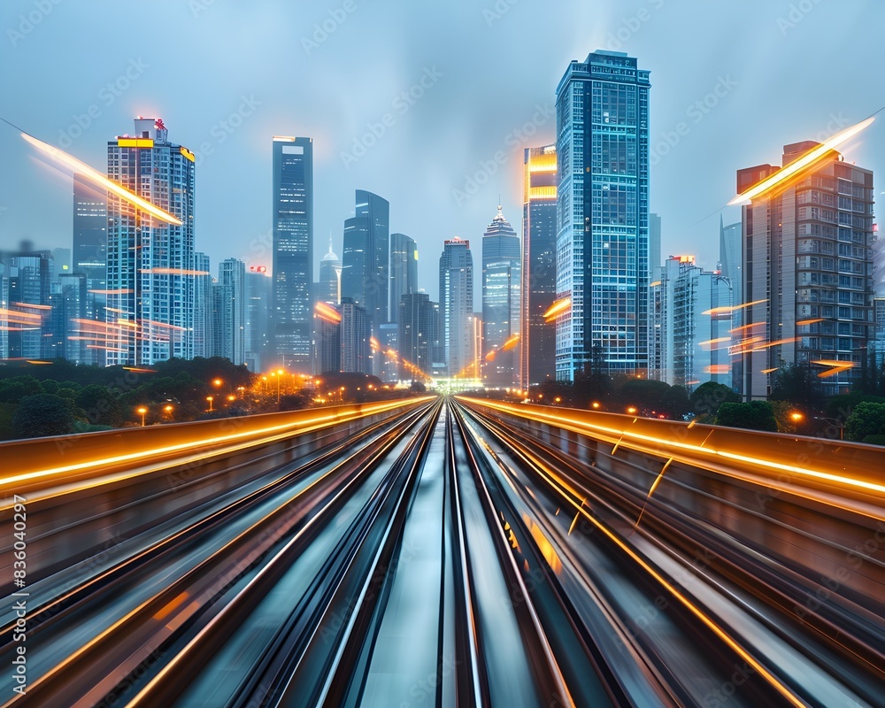 High Speed Urban Commuter Train Capturing Dazzling Cityscape at Night