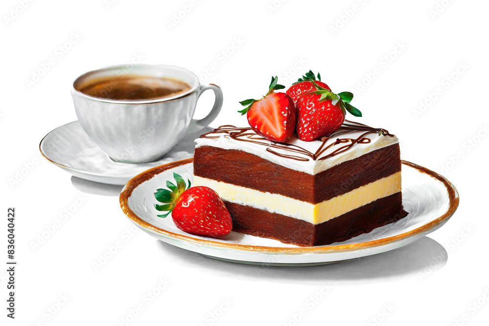 苺とチョコレートのケーキと紅茶のセットのイラスト 白背景の切り抜き 苺とチョコレートのケーキと紅茶のセットのイラスト 白背景の切り抜き