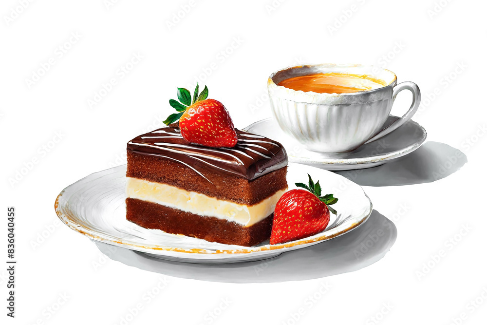 苺とチョコレートのケーキと紅茶のセットのイラスト 白背景の切り抜き 苺とチョコレートのケーキと紅茶のセットのイラスト 白背景の切り抜き