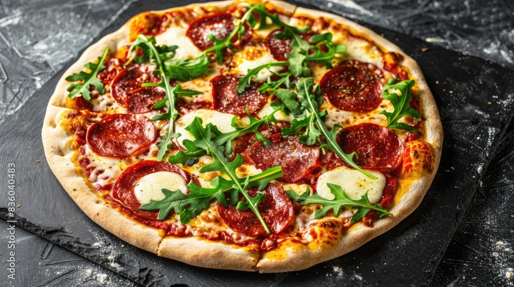 Pepperoni pizza served on a black stone with arugula and mozzarella topping Pepperoni pizza served on a black stone with arugula and mozzarella topping