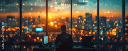Late Night Office Work Session Viewed Through Illuminated Urban Skyline Windows