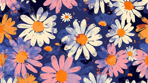 Trendy floral seamless pattern . Vintage 70s style hippie flower background design. Colorful pastel color groovy artwork  y2k nature backdrop with daisy flowers.
